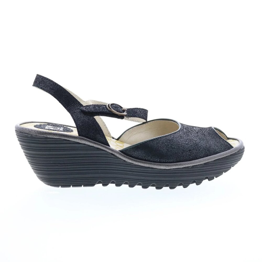 Fly London Yora Women's Black Leather Wedge Sandals Rubber Sole sz. 40